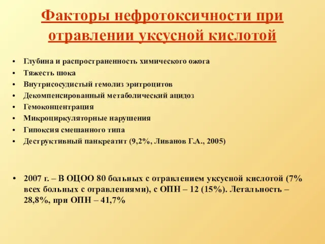 Факторы нефротоксичности при отравлении уксусной кислотой Глубина и распространенность химического