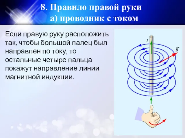 8. Правило правой руки а) проводник с током Если правую