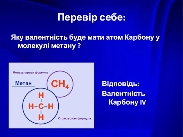 Перевір себе: Яку валентність буде мати атом Карбону у молекулі метану ? Відповідь: Валентність Карбону IV