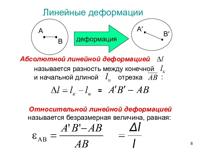 Линейные деформации Абсолютной линейной деформацией называется разность между конечной и