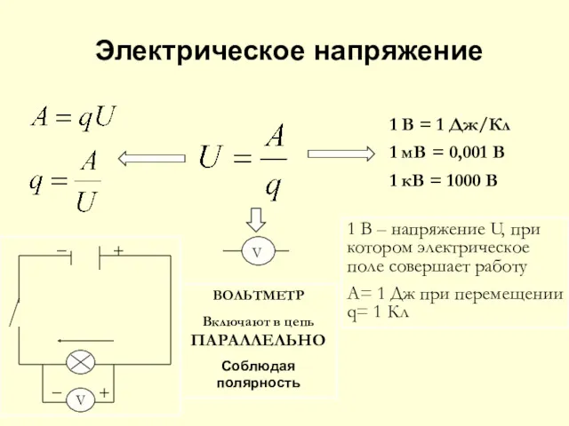 Электрическое напряжение 1 В = 1 Дж/Кл 1 мВ =