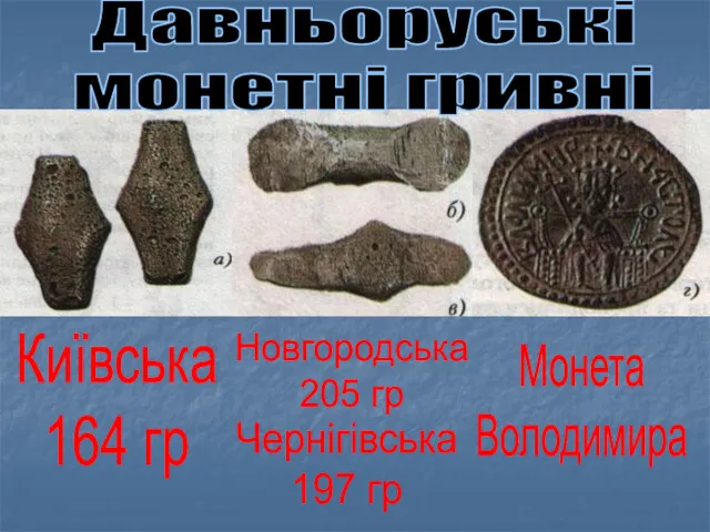 Давньоруські монетні гривні Київська 164 гр Новгородська 205 гр Чернігівська 197 гр Монета Володимира