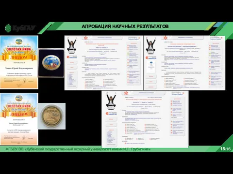 ФГБОУ ВО «Кубанский государственный аграрный университет имени И.Т. Трубилина» 15/16 АПРОБАЦИЯ НАУЧНЫХ РЕЗУЛЬТАТОВ