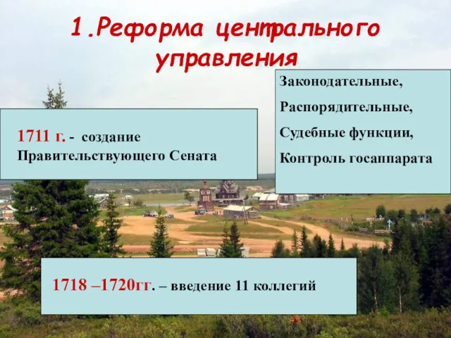 1.Реформа центрального управления 1718 –1720гг. – введение 11 коллегий 1711