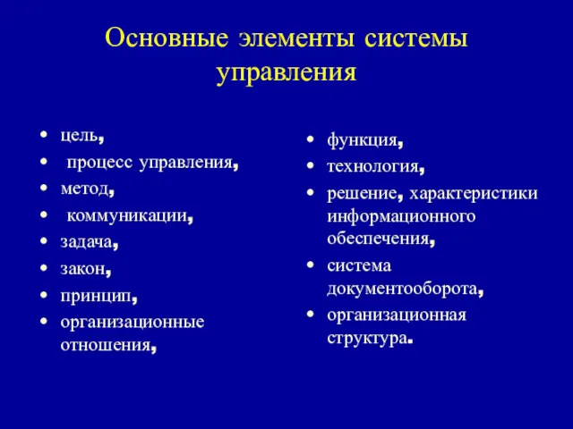 Основные элементы системы управления цель, процесс управления, метод, коммуникации, задача,