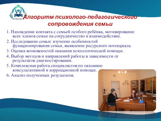 Алгоритм психолого-педагогического сопровождения семьи 1. Нахождение контакта с семьей особого