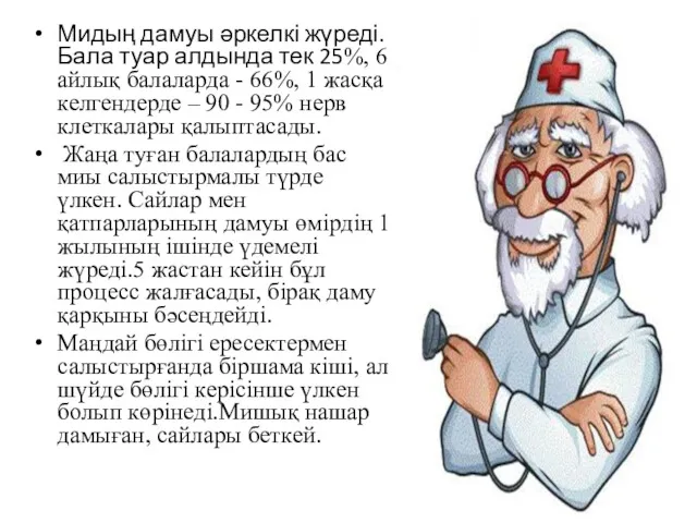 Мидың дамуы әркелкі жүреді. Бала туар алдында тек 25%, 6 айлық балаларда -