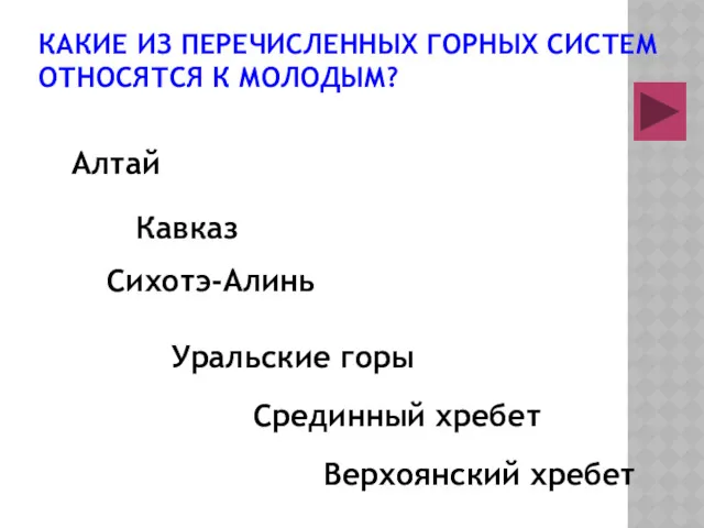 КАКИЕ ИЗ ПЕРЕЧИСЛЕННЫХ ГОРНЫХ СИСТЕМ ОТНОСЯТСЯ К МОЛОДЫМ? Сихотэ-Алинь Уральские