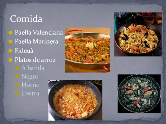 Comida Paella Valenciana Paella Marinera Fideuà Platos de arroz A banda Negro Horno Costra