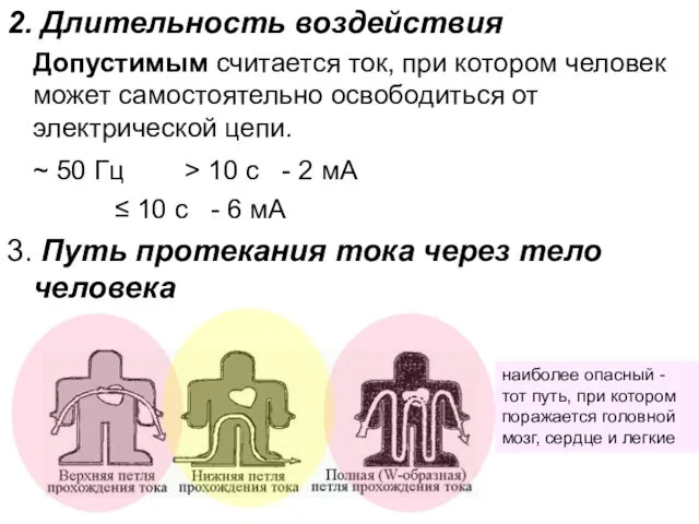 2. Длительность воздействия Допустимым считается ток, при котором человек может