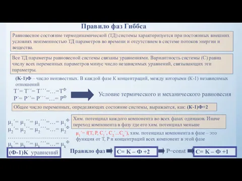 Правило фаз Гиббса Общее число переменных, определяющих состояние системы, выражается,