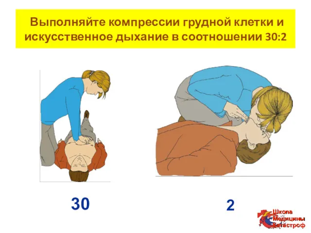 Выполняйте компрессии грудной клетки и искусственное дыхание в соотношении 30:2 30 2