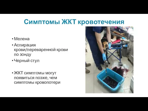 Симптомы ЖКТ кровотечения Мелена Аспирация крови/переваренной крови по зонду Черный