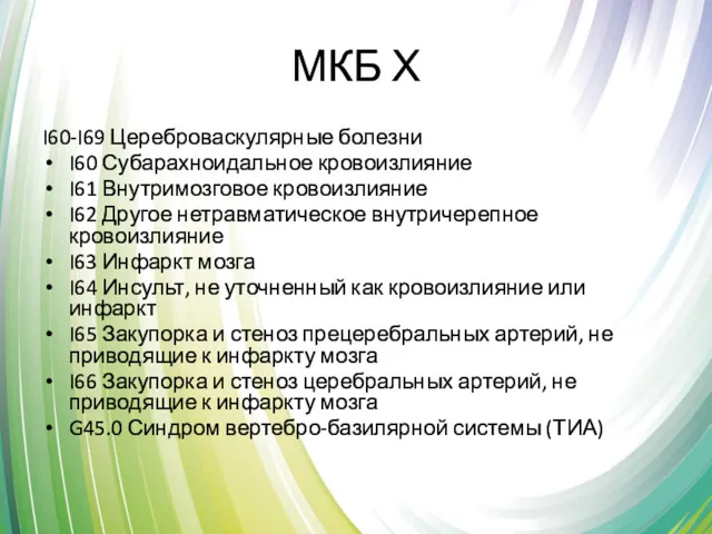 МКБ Х I60-I69 Цереброваскулярные болезни I60 Субарахноидальное кровоизлияние I61 Внутримозговое