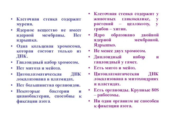 Клеточная стенка содержит муреин. Ядерное вещество не имеет ядерной мембраны.