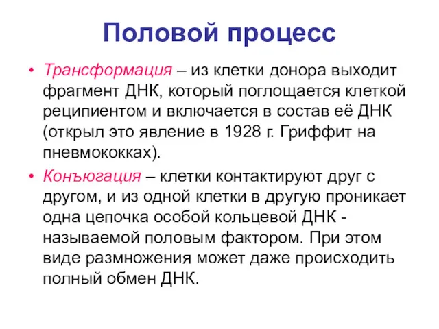 Половой процесс Трансформация – из клетки донора выходит фрагмент ДНК,