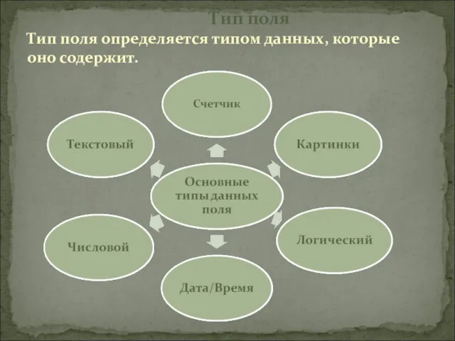 Тип поля Тип поля определяется типом данных, которые оно содержит.