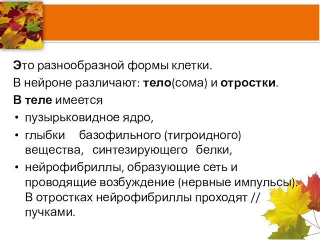 Это разнообразной формы клетки. В нейроне различают: тело(сома) и отростки.