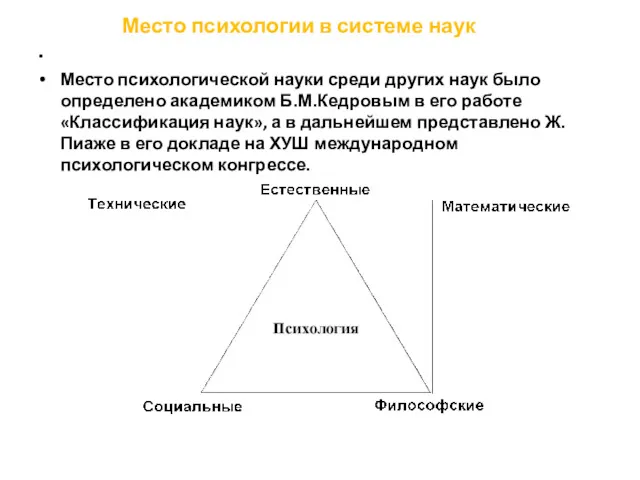 Место психологической науки среди других наук было определено академиком Б.М.Кедровым в его работе