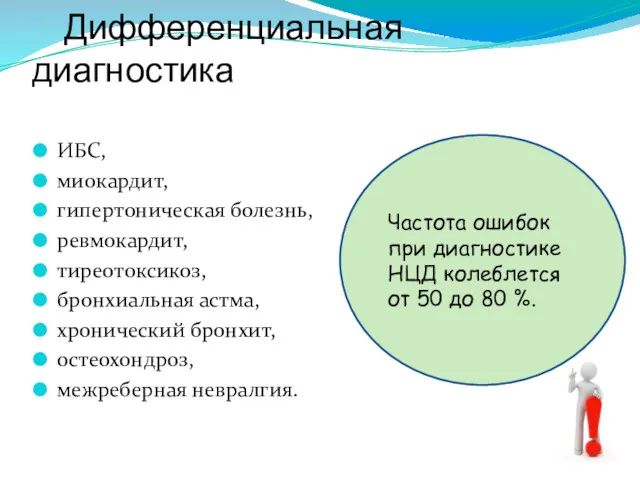 Дифференциальная диагностика ИБС, миокардит, гипертоническая болезнь, ревмокардит, тиреотоксикоз, бронхиальная астма,