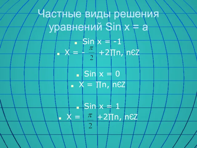 Частные виды решения уравнений Sin x = a Sin x = -1 Х