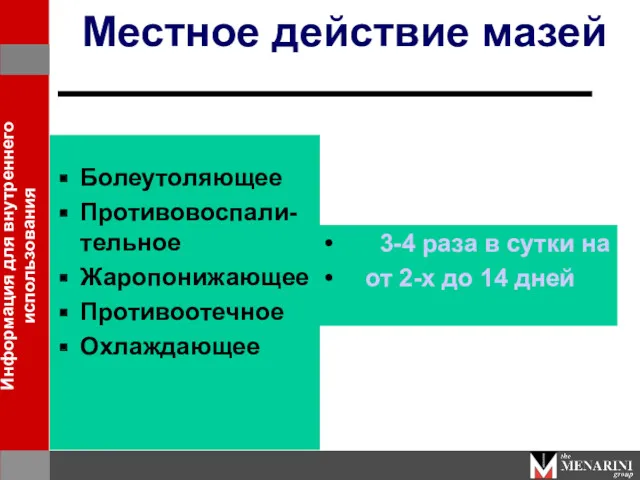 Местное действие мазей Болеутоляющее Противовоспали-тельное Жаропонижающее Противоотечное Охлаждающее 3-4 раза