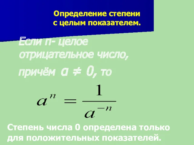 Определение степени с целым показателем. Если п- целое отрицательное число,