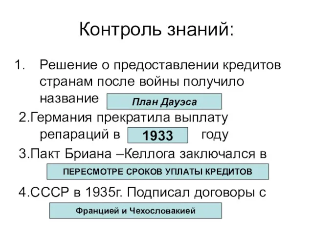 Контроль знаний: Решение о предоставлении кредитов странам после войны получило