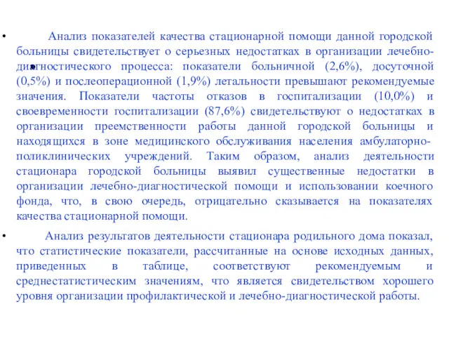 Анализ показателей качества стационарной помощи данной городской больницы свидетельствует о серьезных недостатках в