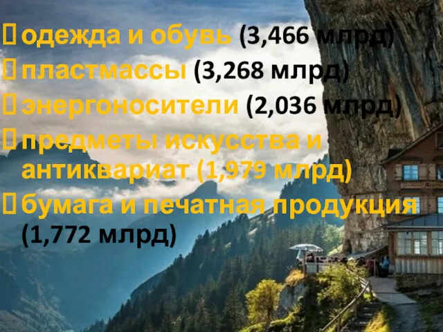 одежда и обувь (3,466 млрд) пластмассы (3,268 млрд) энергоносители (2,036