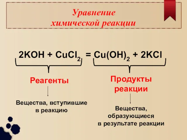 Уравнение химической реакции 2KOH + CuCl2 = Cu(OH)2 + 2KCl