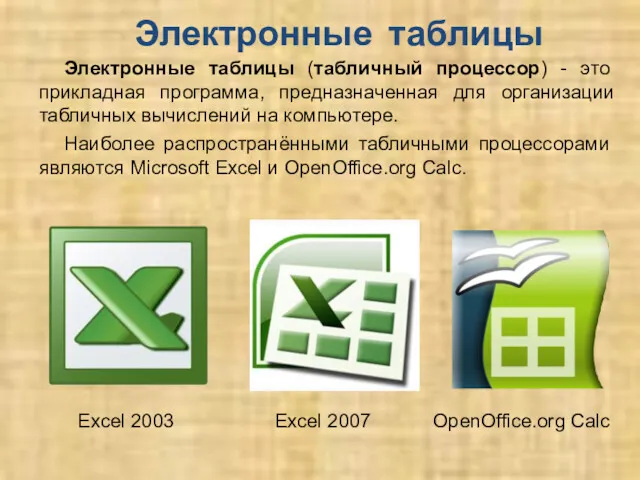 Электронные таблицы Электронные таблицы (табличный процессор) - это прикладная программа,