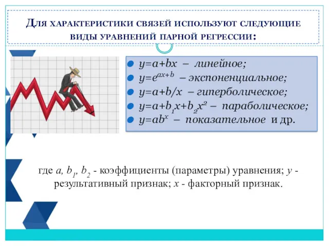 у=a+bx – линейное; y=eax+b – экспоненциальное; y=a+b/x – гиперболическое; y=a+b1x+b2x2