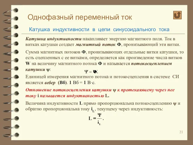 Однофазный переменный ток Катушка индуктивности в цепи синусоидального тока Катушка