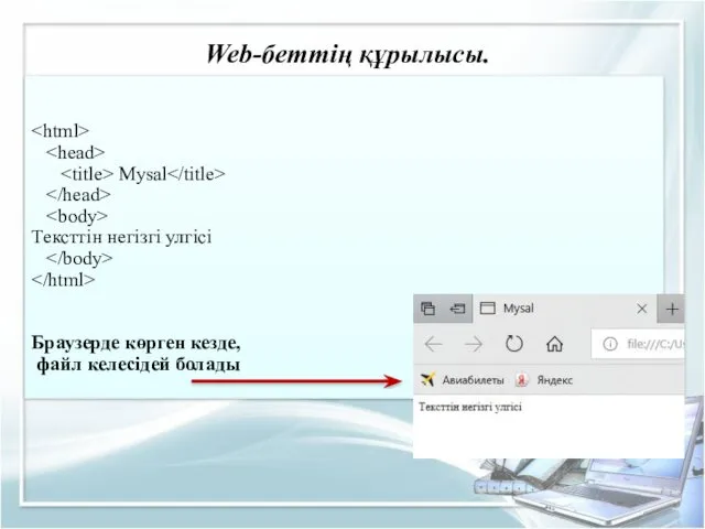 Web-беттің құрылысы. Mysal Тексттін негізгі улгісі Браузерде көрген кезде, файл келесідей болады