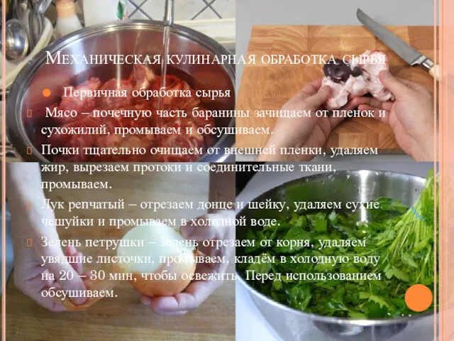 Механическая кулинарная обработка сырья Первичная обработка сырья Мясо – почечную