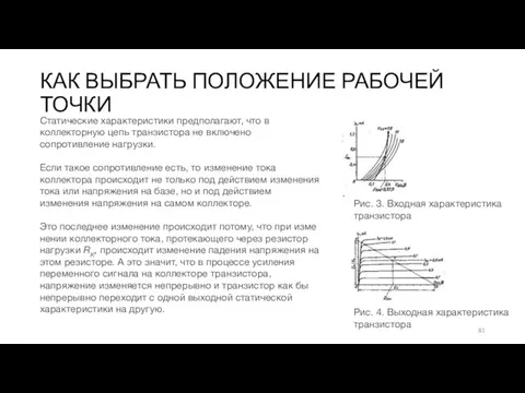 КАК ВЫБРАТЬ ПОЛОЖЕНИЕ РАБОЧЕЙ ТОЧКИ Рис. 3. Входная характе­ристика транзистора Рис. 4. Выходная