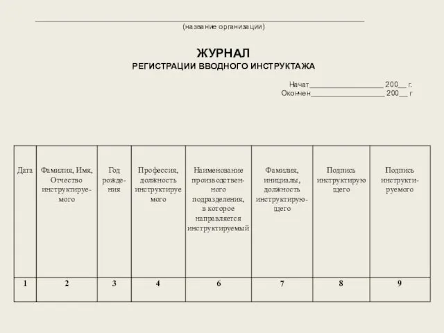 ________________________________________________________________________________ (название организации) ЖУРНАЛ РЕГИСТРАЦИИ ВВОДНОГО ИНСТРУКТАЖА Начат__________________ 200__ г. Окончен__________________ 200__ г