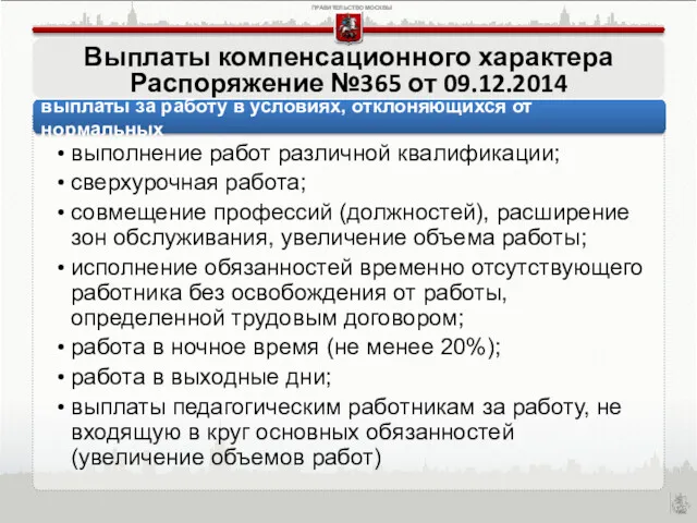 Выплаты компенсационного характера Распоряжение №365 от 09.12.2014