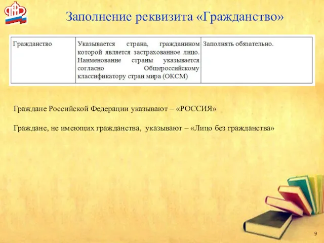 Заполнение реквизита «Гражданство» Граждане Российской Федерации указывают – «РОССИЯ» Граждане, не имеющих гражданства,