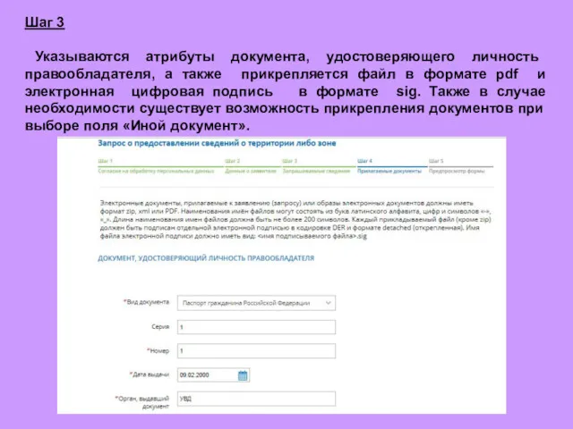 Шаг 3 Указываются атрибуты документа, удостоверяющего личность правообладателя, а также