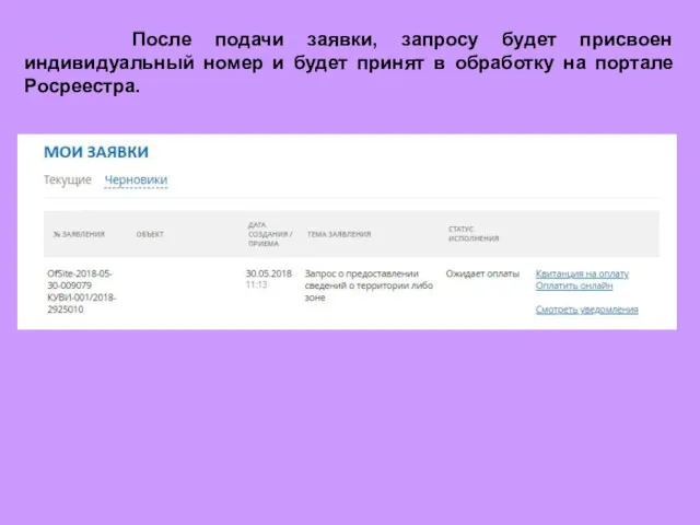 После подачи заявки, запросу будет присвоен индивидуальный номер и будет принят в обработку на портале Росреестра.