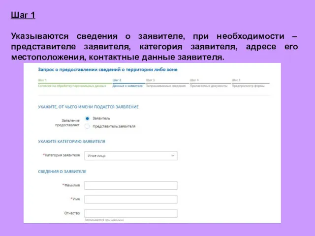 Шаг 1 Указываются сведения о заявителе, при необходимости – представителе