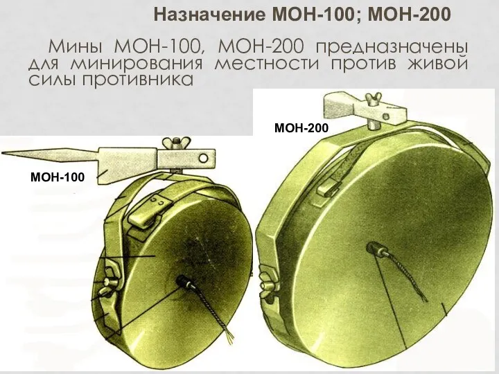 Мины МОН-100, МОН-200 предназначены для минирования местности против живой силы противника МОН-100 МОН-200 Назначение МОН-100; МОН-200