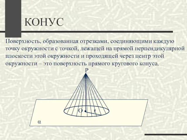 КОНУС Поверхность, образованная отрезками, соединяющими каждую точку окружности с точкой,