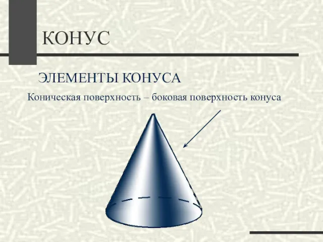 КОНУС ЭЛЕМЕНТЫ КОНУСА Коническая поверхность – боковая поверхность конуса