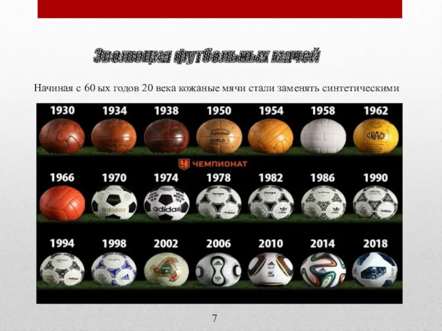 Эволюция футбольных мячей Начиная с 60 ых годов 20 века кожаные мячи стали заменять синтетическими 7