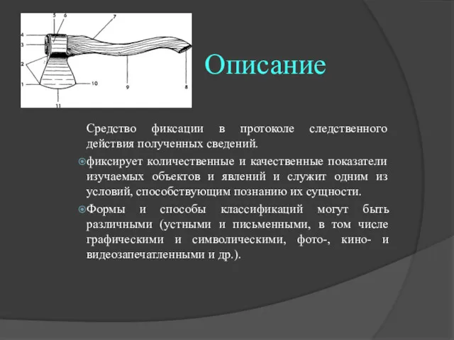 Описание Средство фиксации в протоколе следственного действия полученных сведений. фиксирует