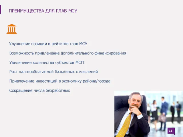 Улучшение позиции в рейтинге глав МСУ Возможность привлечение дополнительного финансирования Увеличение количества субъектов