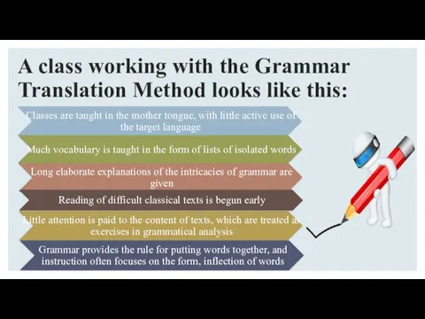 A class working with the Grammar Translation Method looks like this: